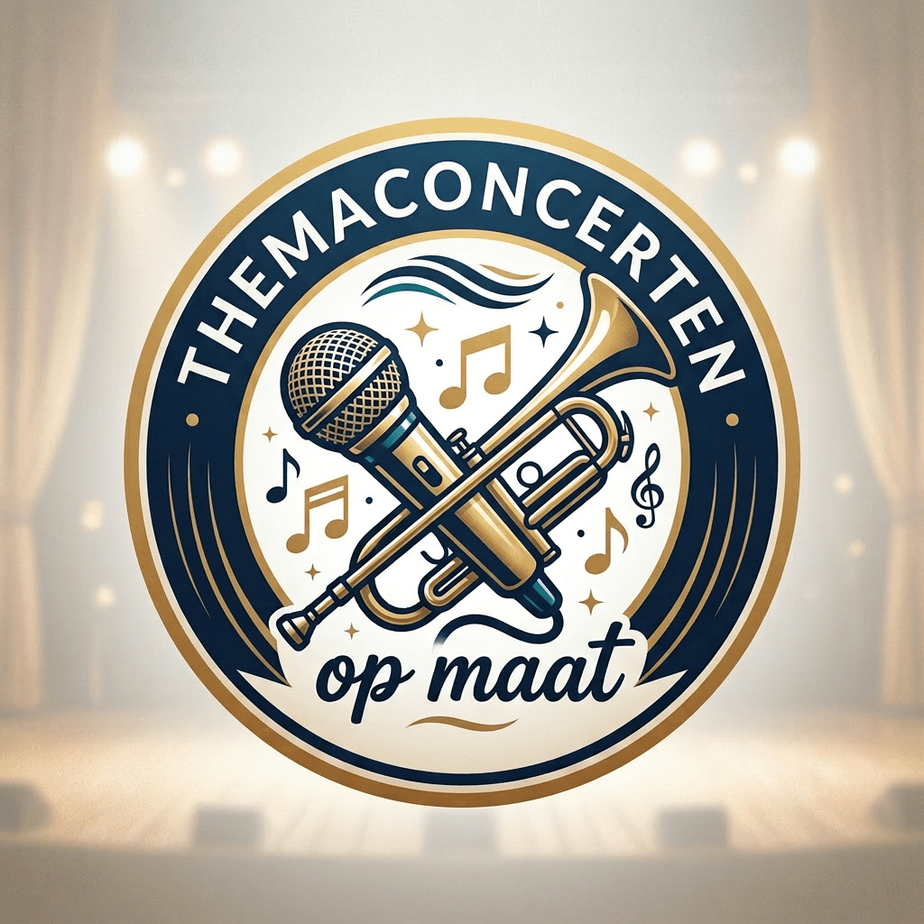 Logo with crossed microphone and trumpet surrounded by musical notes and text
