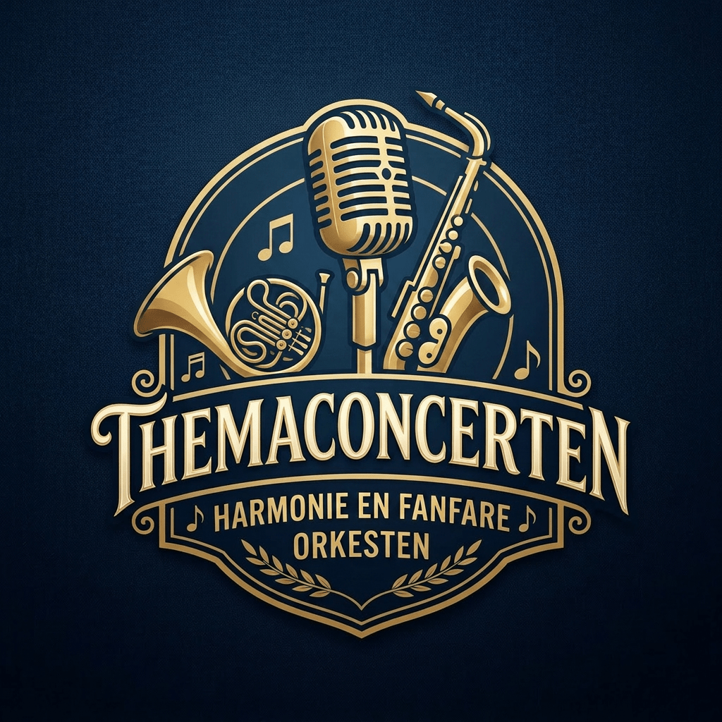 Emblem with brass instruments and vintage microphone with text Themaconcerten Strijk & Blaasorkest