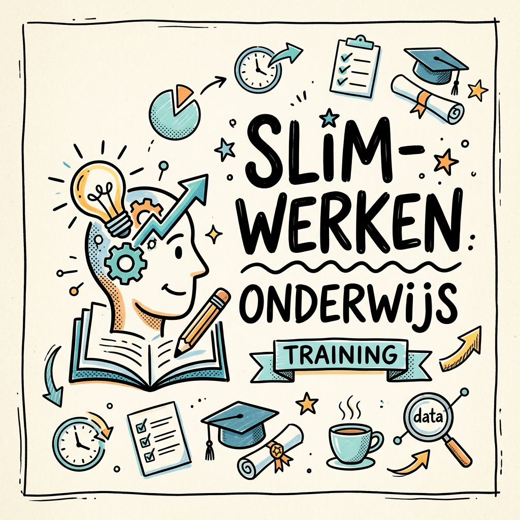 Icons representing education, training, and smart work including a head with gears, lightbulb, open book, graduation cap, diploma, clock, checklist, coffee cup, and magnifying glass with data